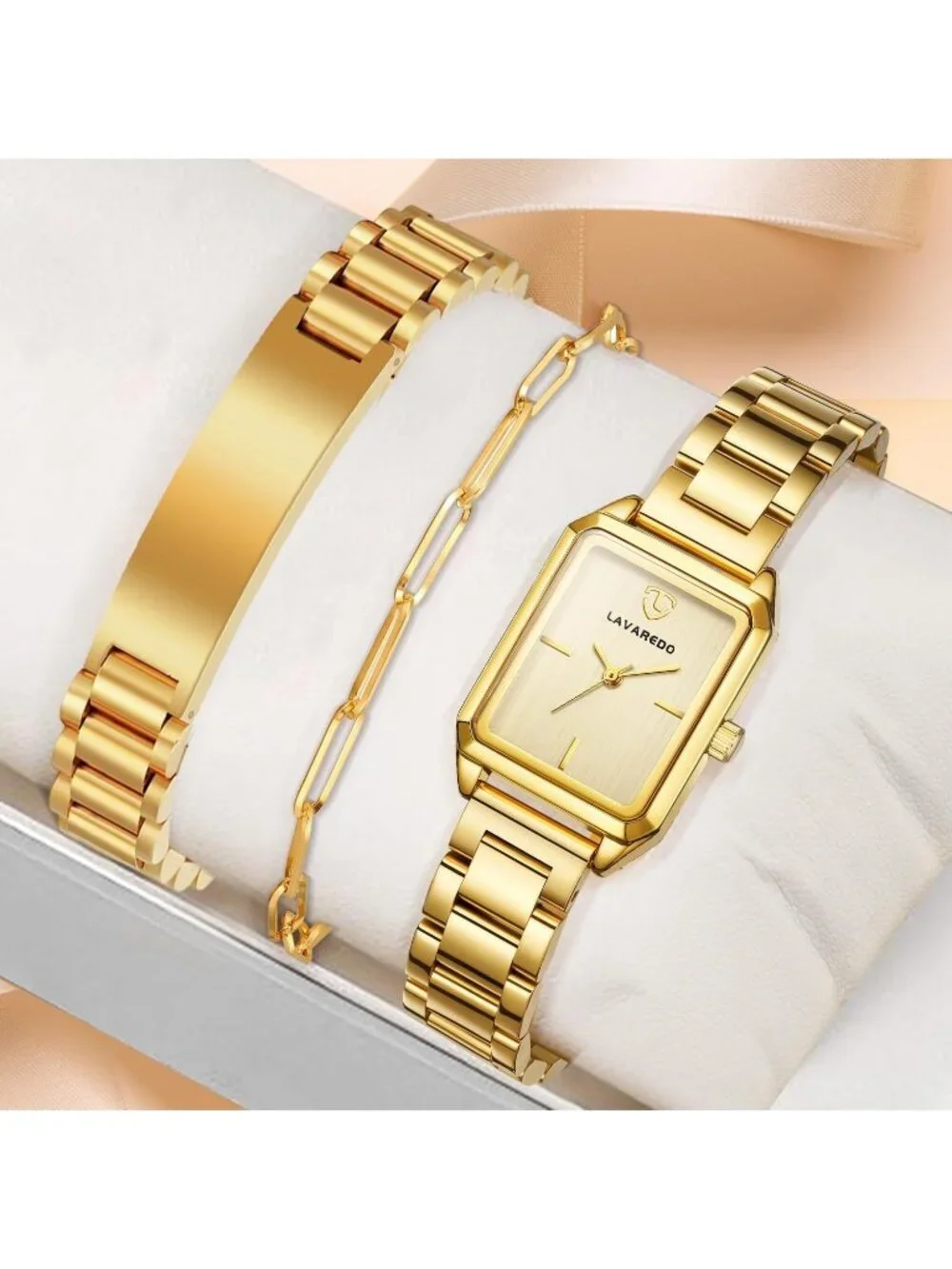 Women's All Gold Analog Stainless Steel Waterproof Luxury 3 Pecs Bracelet Watch